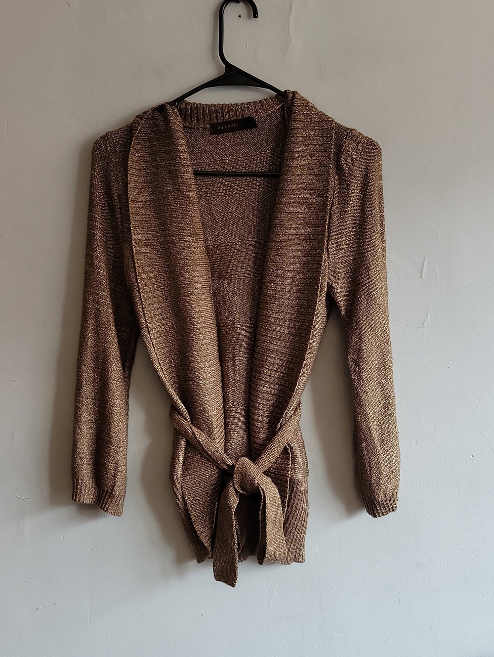 Women's small The Limited metallic brown open front cardigan sweater w/tie belt